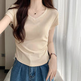 Shallow Powder Small Flying Sleeve Big V Neck Collar Collar Collar Folded Folded Waist Thin Design Short Sleeves On The Shoulder T-Shirt Girl Summer