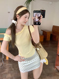 Milk Yellow Wood Ear Twill Collar Shoulder Short-Sleeved T-Shirt 2026 Summer Wrinkled Waist Design Feel Thin Top