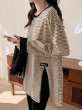 Pure Cotton Large Striped Long-Sleeved T-Shirt Women's Bottoming Shirt In Autumn And Winter With A Long Blouse Loose Belly Cover