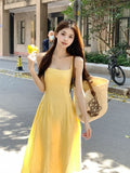 Tea Break French Yellow Sling Dress Women Summer Gentle Wind Seaside Holiday Waist Thin Beach Long Skirt
