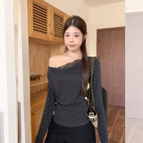 Deep Gray Lace Splicing Collar High-End Sense T-Shirt Women 2026 Early Autumn New Word-Collar Bottom Shirt Top