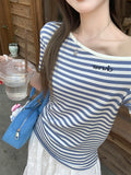 Fashion Temperament High-End Oblique Shoulder Collar Color Striped Embroidery Design Short-Sleeved T-Shirt For Women's Summer New Top