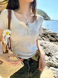Small Tight Hottie Shoulder Short-Sleeved T-Shirt Girl Summer Simple Buckle Design Short Thin Clothes