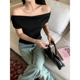 Sweet Sister Pure Want To Expose The Collarbone Word Shoulder Apricot Color Short-Sleeved T-Shirt Girl Summer New Two-Ded Waist Small Top