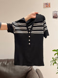 Korean Button Half-Neck Short-Sleeved T-Shirt Striped Knitted Dress Slim Slimmed Summer Beautiful Slim Slim Slim Small Top