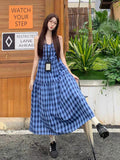 Blue Lattice Loose Sling Dress Women 2026 Summer New Sweet Thin Swing Skirt Mid-Long Skirt