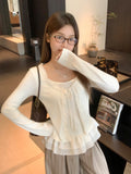 Pure Want To Fake Two Hem Splicing Design Long-Sleeved T-Shirt Women 2026 Early Autumn Bottom Shirt Lace Top