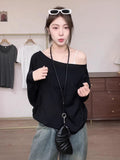 Pure Desire A Word Shoulder Cotton Oblique Shoulder Long-Sleeved T-Shirt Women's Autumn And Winter Loose Bottom Shirt Lazy Chic Beauty Top