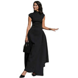 Women's Autumn New Solid Color Sleeveless Fashion Style Dress Folds Long Dress
