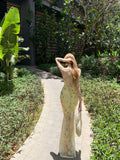 Holiday Wind Strapped With Bare Back Sling Dress Female Summer Floral Dress Babes To Close The Waist Fishtail Skirt With Hip Dress