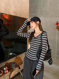 Black And White Striped Hottie V-Neck Long-Sleeved Knitted Shirt Women's Spring New Pure Desire To Put On The Bottom Shirt Top