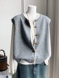 Ladies Literary And Artistic Solid-Colored Cardigan Vest Spring And Autumn Loose Stacked Vest Wearing Round Collared Hornwood Knitted Jersey Clip