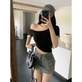White Side Slanted Shoulder Short-Sleeved T-Shirt Girl Summer Short Shoulder Short-Term Open Umbilical Hottie Pure Desire To Repair The Body Clothes