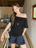 Korean Babes Embroidered Willow Collar Short-Sleeved T-Shirt Girl 2026 Summer Loose One-Word Shoulder Blouse