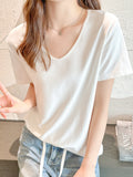Summer U-Necked Short-Sleeved White Hottie Loose Top Woman's New Design Sense Niche T-Shirt French Pure Desire To Play The Bottom Shirt