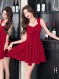 Red Sweet Wind Pure Want To Show Thin Slings Short Skirt French Bow Design Temperament 100 Fold Dress