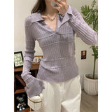 Purple Polo Collar Design Long-Sleeved Bottom Knitted Shirt Women Take Early Autumn Chic Age Reduction Top