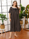 Spring And Summer Plus Code Lady Home Dress Skirt Short-Sleeved Lace Splicing Four-Sided Bullet Print Home Pajamas Woman