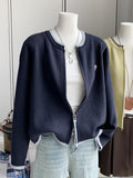 Early Autumn Loose Double Zipper Short Outer Knitted Cardigan Women's Spring And Autumn New Solid Letter Embroidery Sweater Jacket