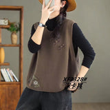 Vintage Art Buckle Embroidered Knitted Vest For Women's Extra-In-2025 Spring New Round-Neck Cotton Sweater Vest