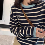Crash Striped Smiley Face Round Collar Knitted Bottom Shirt Women's Spring And Autumn Design Sense Loose Lazy T-Shirt Top