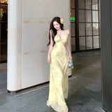 Yellow Print Sling Dress Women's Summer French Lotus Side Small Flying Sleeve Skirt To Close The Waist Temperament Fairy Dress