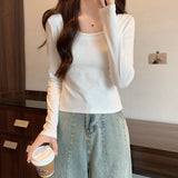 Vintage Low-Neck Shoulder Long-Sleeved T-Shirt Women Early Autumn New Design High Waist Display Thin Short Inside The Bottom Top