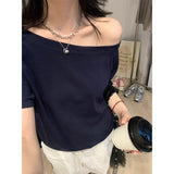 Design With A Sense Of Oblique Shoulder Short Sleeve Female Open Shoulder Short T-Shirt Summer Pure Hot Girl Loose Black Shoulder Clothes