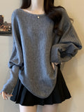 High-End Feel Gray Wears Gray Knitted Sweater Women's Autumn Dress Large Fat Mm Irregular Bat Sleeve Top