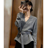 Vintage V-Neck Knitted With Belt Sweater Women's Autumn/Winter 2025 New Loose Lazy Inside The Bottom Shirt Top