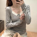 Pure Lust Lace Splicing Long Sleeve Bottom T-Shirt Girl Autumn And Winter V Collar Collar Collar Collar Collar Hottie Inside The Top
