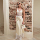 Fashion Temperament Deep V-Neck Perspective-De-Sight Dress Sexy Babes Lace Slings Splicing Long Dress