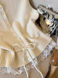 Soft-Gallow Light Gray Lace Lace Hem Spliced With Vest Women's Spring New Folding Loose Knitting Top