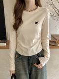 Embroidered Round Collar Shoulder Long-Sleeved T-Shirt Girl Autumn Folded Waist Repair Inside The Beautiful Bottom Shirt