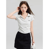 Pure Cotton Youth College Style POLO Shirt Shoulder Short Sleeve T-Shirt Female Collar Bow Embroidery Wrinkles Waist Top