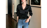 2026 Spring New Grip On The Ribbon Ribbon Top Elegant Luster Splicing Lace Long-Sleeved Shirt Women V Collar Waist Lining