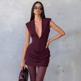 2026 Spring And Summer New Temperament Sexy Deep V Clip Folds And Pocket-Bag Suit Dress