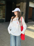 White Letter Graffiti Prints Oblique Shoulder Long-Sleeved Women's T-Shirt Autumn New Folding Loose Inside The Bottom Shirt Top