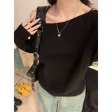 Black Slack Feel Inclined Angle Shoulder Long-Sleeved T-Shirt Girl Out-To-Shoulder Early Autumn Lazy Loose Babes Sexy Shoulder
