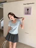 Solid Color Lace Side Splicing Side Collar Short-Sleeved T-Shirt Girl Spring New Sweet Hot Girl Folded Into The Bottom Shirt To Put On The Top