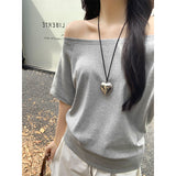 One-Word Shoulder Gray 220G Heavy Cotton Short-Sleeved T-Shirt Girl With Languid Summer Slouching Loose Slanted Shoulders