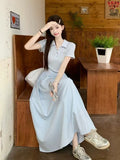 Korean Blue Polo Collar Short-Sleeved Dress Women's Summer Strapped Dress Design Feel Waist Swing Long Dress
