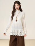 Small Fragrant Lace Wood Ear Half-High Collar Knitted Jersey Women 2026 Autumn And Winter Long-Sleeved T-Shirt On The Bottom Shirt