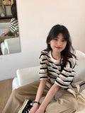 Vintage Style Striped Short-Sleeved T-Shirt For Women's Summer 2026 New Loose Cotton Embroidery Casual Half-Sleeved Top
