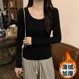 White Flower Gray Cotton Large U Collar Long-Sleeved T-Shirt Design Dew Collar Elasticity To Put On The Bottom Of The Coat
