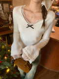 Apricot Lace V-Neck Grinding Long Sleeves Bottom Shirt Women Take T-Shirt Autumn And Winter New Folds To Collect Small Tops