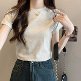 European Goods Shoulder T-Shirt Women's Short-Sleeved Summer 2026 New Round Neck Neckt Pure Cotton Basic Top