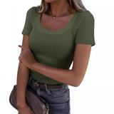 2025 Thread Pit Strips Long Long-Sleeved Square Collar T-Shirt Elegant Short Sleeves