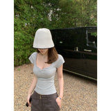 Peach Heart Collar Pure Want To Repair Short-Sleeved T-Shirts For Girls Summer New Small Short Thin High-End Chic Top