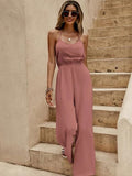 New Commuting Style Solid Fashion Tight Waist Wide Legs Slings Jump-Joint Pants